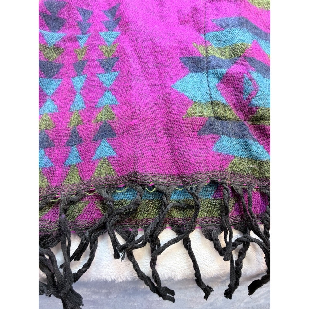Vtg Magic Touch Southwestern 100% Pure Wool Hooded Pullover Fringe India Sz M - Picture 7 of 10